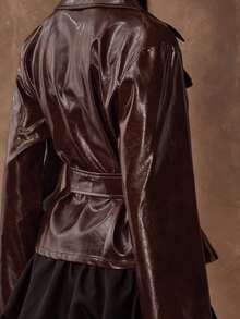 SHEIN BAE 秋季通勤时尚腰带风衣 - 巧克力棕 - 查看 7