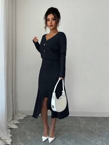 Elenzga Bộ 2 áo len dệt kim và chân váy màu trơn thanh lịch dành cho nữ - Xanh đậm - Xem 5