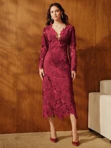 Anewsta 新款优雅深V收腰镂空蕾丝长裙，适合秋季、冬季、春季、新年、派对、婚礼、时尚、优雅、工作、感恩节、毕业典礼、圣诞节、节日等场合。 - 彩色 - 查看 5