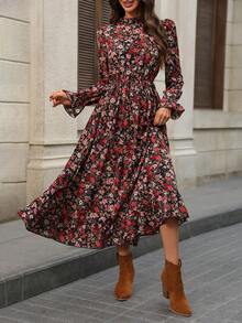 EMERY ROSE 女式休闲碎花荷叶边下摆束腰长裙，秋季