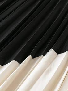 Franclia Plus Size Women's Summer Colorblock High-Waist Pleated Flowy A-Line Skirt, Black White Brown Patchwork Skirt, Casual Holiday - Multicolor - View 5