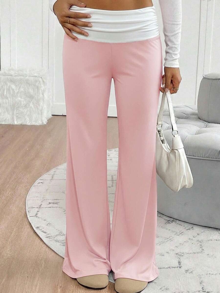 Tween Girls' Casual Contrast Foldover Waist Wide Leg Sweatpants, Spring/Summer Back To School Season - Pink - View 1