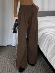 Dazy Tall Women's Corduroy Pleated Loose Straight Leg Casual Pants - Brown - View 8