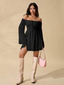 SHEIN PETITE Romantic Off Shoulder Flounce Sleeve Waist Dress - Black - View 7
