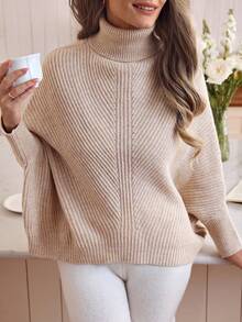 Louniche Elegant Minimalist Apricot Turndown Collar Raglan Sleeve Loose Knit Pullover Sweater For Women, Suitable For Commuting, Autumn/Winter - Apricot - View 5