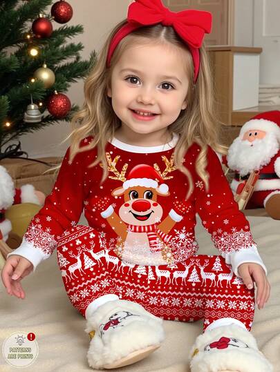 SHEIN 女童舒适圣诞驯鹿费尔岛印花修身休闲家居服套装，包含长袖上衣和长裤，舒适透气，适合秋冬季穿着。