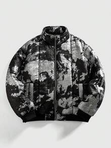 ROMWE MEN Street Life 男士时尚拉链深色纹理长袖羽绒服 - 黑色 - 查看 1