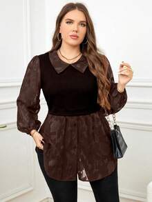 SHEIN LUNE Áo thun tay dài phối lưới màu tương phản thanh lịch cho nữ cỡ lớn - Cà phê nâu - Xem 5