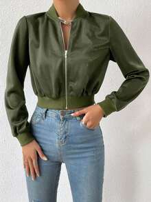 SHEIN EZwear 秋冬装女休闲绿色长袖拉链短款飞行员夹克 - 軍綠色 - 查看 6