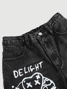 Girlism Teen Girl Black Y2k Cute Cartoon Rabbit Print Loose Fit Denim Pants,Summer,Streetwear,Holiday,Back-To-School,Casual 2000s Style Halloween Jeans - Black - View 5