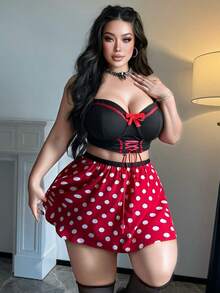 Flirla Plus Size Sexy & Cute Bow Decor Camisole And Sweet Polka Dot Mini Skir2 Piecesce Set - Black - View 3