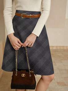 Cévolie Women's Casual Commuting College Style Patterned Print A-Line Skirt With Belt