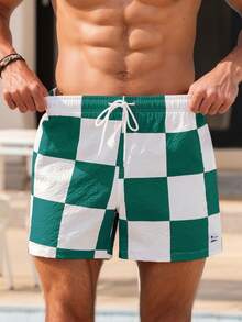 Manfinity Men's Checkered Drawstring Beach Shorts,Hawaiian, Men S Checkered Swim Trunks, Checkered Shorts Men, Plaid Swim Trunks, Men S Beachwear - Green - View 3