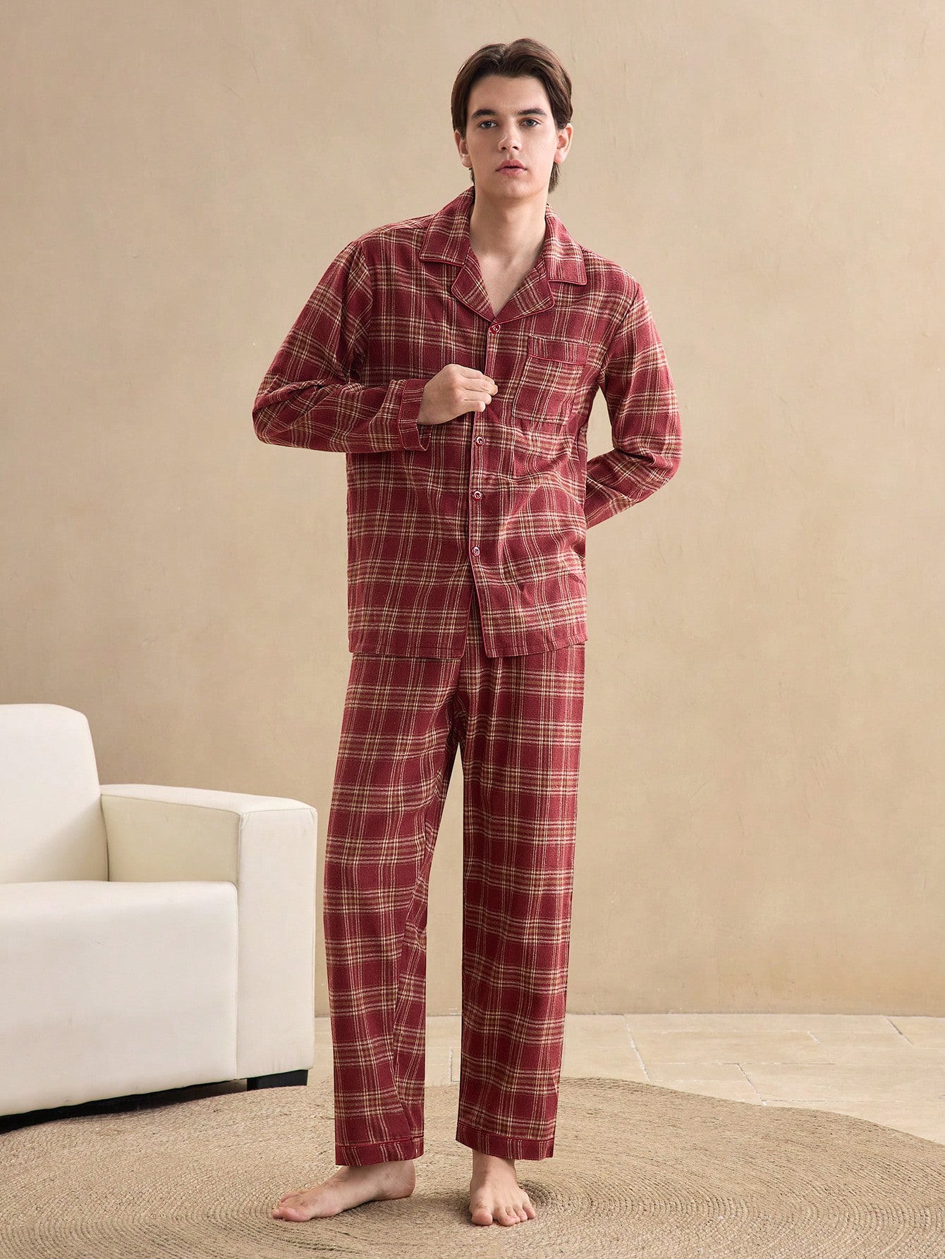 SHEIN EverLounge طقم بيجامة رجالي فاخر عتيق ذو نقش...