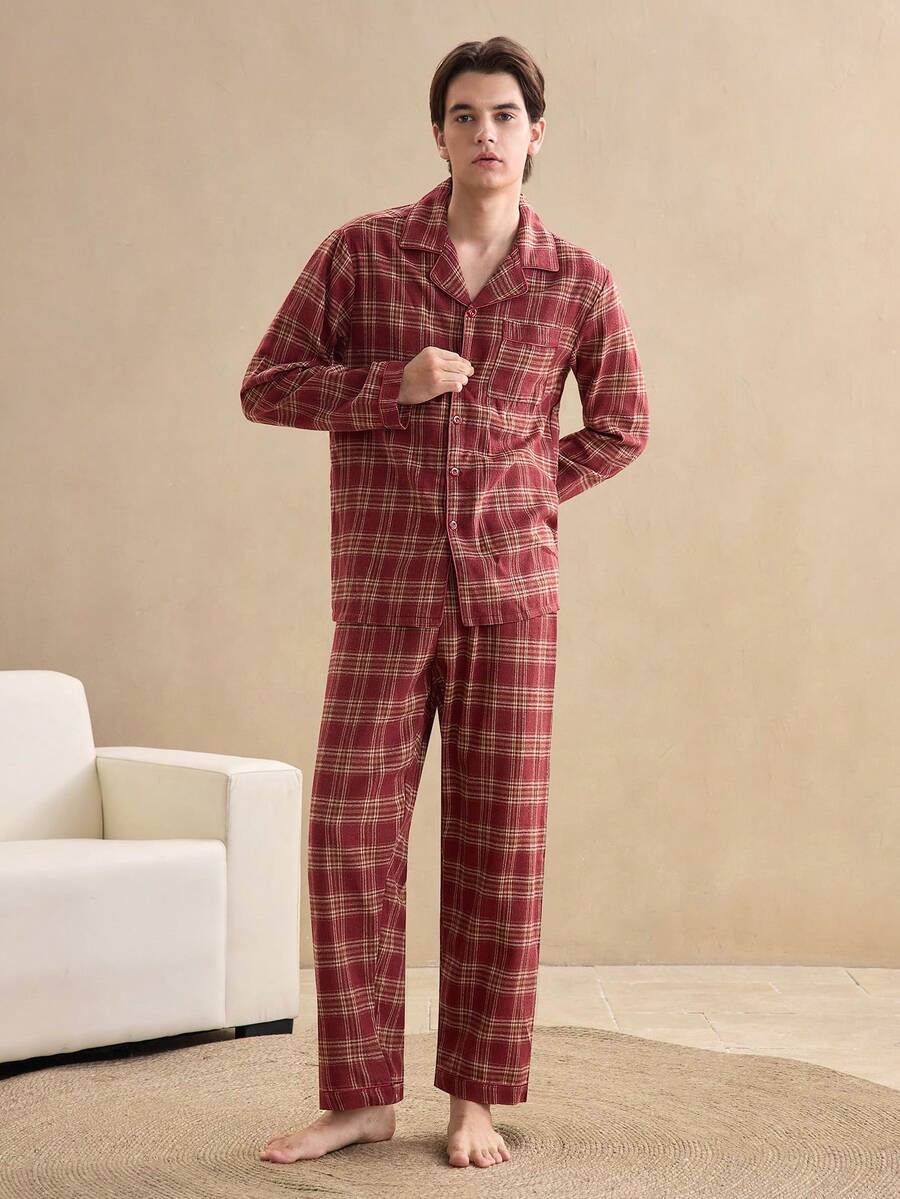 复古奢华精致格子男士睡衣套装,冬季服装 - 彩色 - 查看 1