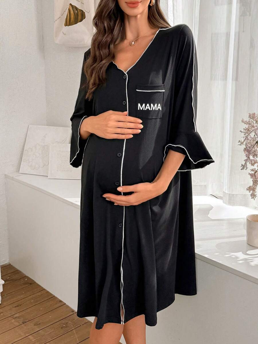 SHEIN Contrast Trim Dress With Bell Sleeves, 3/4 Sleeves, Front Pocket, Letter Print Maternity Loungewear Dress, Winter Maternity Sleepwear Maternity Pajama Maternity Dress Maternity Night Gown - Black - View 1