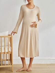 BloomMama Comfortable Ribbed Minimalist Lettuce Trim Flare Sleeve Dress, Chic Autumn Maternity Loungewear, Winter - Apricot - View 1