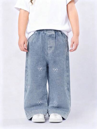 SUMWON Jeans de pierna ancha de mezclilla con estampado de lazo para niños pequeños - Pantalones informales de primavera y verano