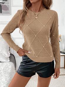 SHEIN Clasi Áo len nữ họa tiết kim cương mùa đông đính ngọc trai, cổ tròn, thích hợp cho kỳ nghỉ, tiệc tùng, lễ hội âm nhạc, đồ mặc nhà, sự kiện trở lại trường, làm quà tặng và mua sắm, áo len mùa thu, trang phục thanh lịch cho phụ nữ, áo cơ bản - Màu be - Xem 4