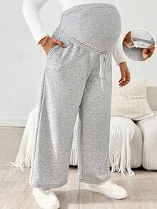 Plussiva Plus Size Maternity Casual Everyday Commute Simple Solid Color Adjustable Waist Side Pockets Loose Wide Leg Pants   Winter - Grey - View 1