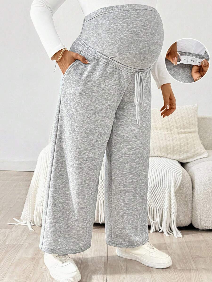 Plussiva Plus Size Maternity Casual Everyday Commute Simple Solid Color Adjustable Waist Side Pockets Loose Wide Leg Pants Winter - Grey - View 1