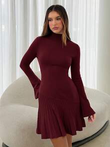 Aloruh Women's Solid Color Turtleneck Flare Sleeve Pleated Hem Elegant Knitted Dress, Autumn/Winter,Fall,Fall Clothes For Women - Burgundy - View 6
