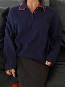 DAZY Kontrastreicher Rüschenkragen, locker sitzender Langarm Pullover, lässiger Strickpullover für Damen, Herbst/Winter