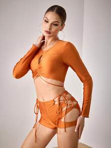 Menodora SHEIN Sport Women's Round Neck Sleeveless Short Hollow-Out Fashionable Top And Shorts, Other Dance Wear For Pole Dance