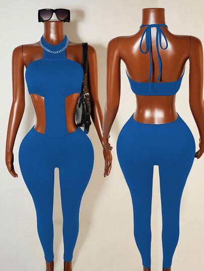 Mistrie Women's Solid Color Waist Cutout Sexy Halter Bodysuit