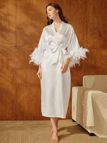 Anewsta Feather Patchwork Belted Robe Luxe Loungewear, Vacation, Fall  Cozy And Elegant Details, Winter Robe - White - View 3