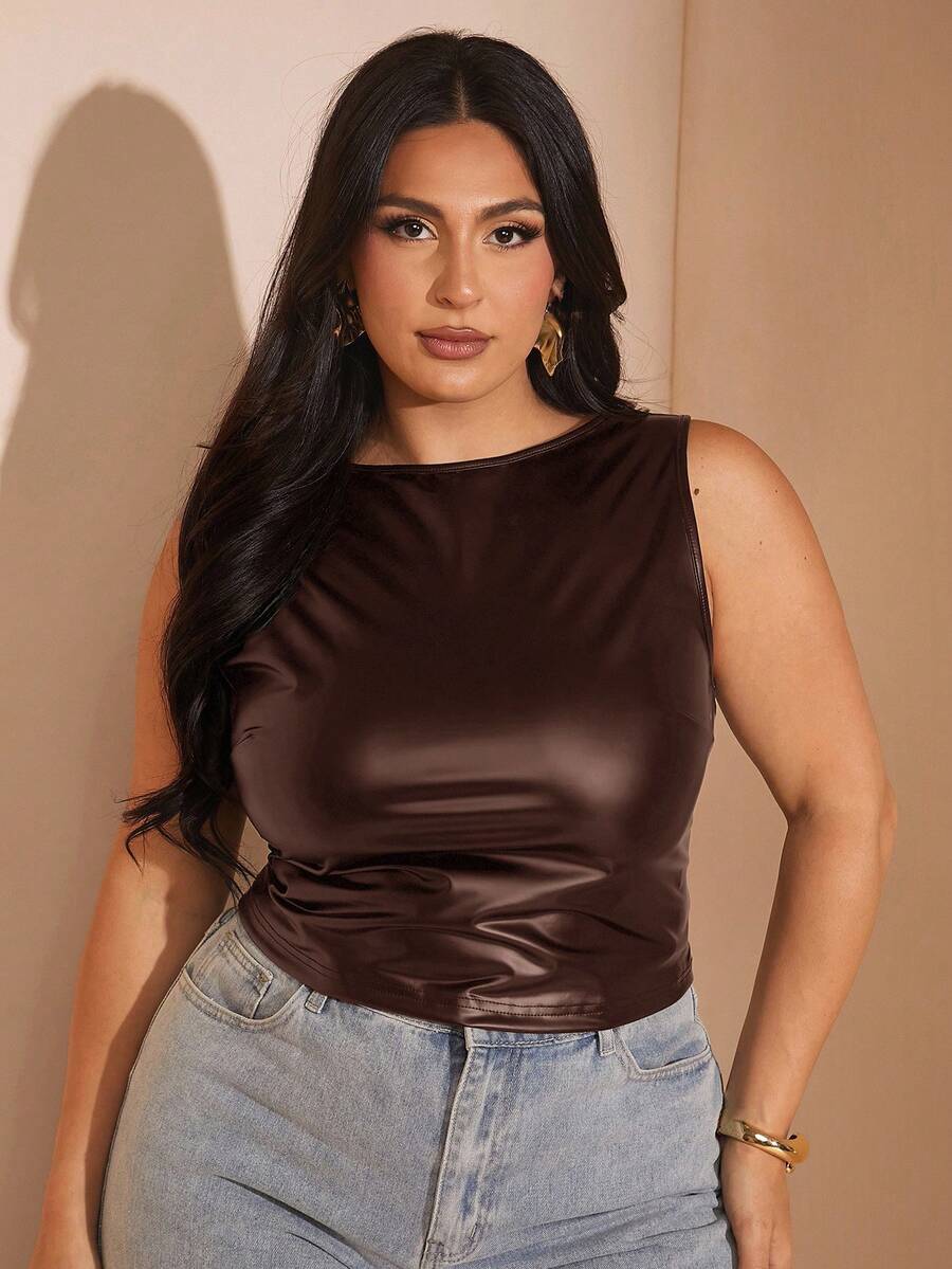 SHEIN BAE 女式夏季纯色 PU 皮革褶皱修身背心 - 咖啡棕 - 查看 1