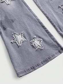 ROMWE Grunge Punk Plus Size Women Grunge-Punk Commute Daily Fitted Sexy Bodycon Flare Jeans, Five-Pointed Star Wash Print Embroidery Design Denim Pants, Suitable For Commute, Music Festival, Creative Design - Multicolor - View 3