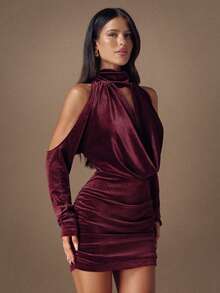 SHEIN BAE Women's Burgundy Summer 70's Club Night Party Disco Off-Shoulder Long-Sleeve Gathered Waist Fitted Mini Dress Elegant Cocktail Formal Occasions - Coffee Brown - View 4
