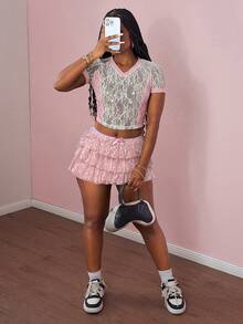 Slaydiva Pink Floral,Summer,Cute,Party Women's 2-Piece Set,Lace Patchwork Rhinestone V-Neck Short Sleeve Top&Multi-Layer Ruffle Mini Shorts,Y2k Streetwear Rave - Pink - View 5