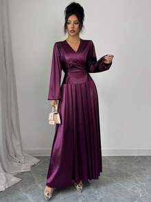 Elenzga 女士优雅休闲通勤度假下午茶圣诞派对奢华纯色金属针织弹力缎面交叉V领荷叶边腰部蝴蝶结腰部长款连衣裙，长袖，秋冬 - 紫色 - 查看 7