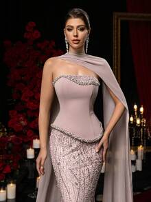 Glamrae Elegant Luxurious Diamond Pearl Sequin Floral Mesh Patchwork Stretch Knit Mermaid Skirt With Hanging Chiffon Flounce, Suitable For Wedding, Party, Prom, Vacation, Ball Gown - Dusty Pink - View 1