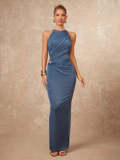 Lumalex Early Spring NecklineInFocus Crew Neck Ruched Criss-Cross Metal Decor Bodycon Dress For Women Luxury NewYearNewLook QuietLuxe Prom Gathering Party Banquet Modest Old Money Glitter Holiday Party Rave Festival Outing Vacation Hot Outdoor Richly Layered Wedding Season Banquet ID Al-Adha Al-Adha Party New Year Looks Of Party Party Dress For Blue Dress For Women Drape Dress