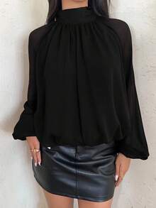 Aloruh 女士休闲纯色立领灯笼袖宽松衬衫，秋季 - 黑色 - 查看 5