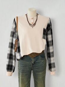 SHEIN LilyWest Sudadera de mujer con parches de color contrastante y estampado de cuadros, de estilo occidental versátil - Caqui - Ver 1