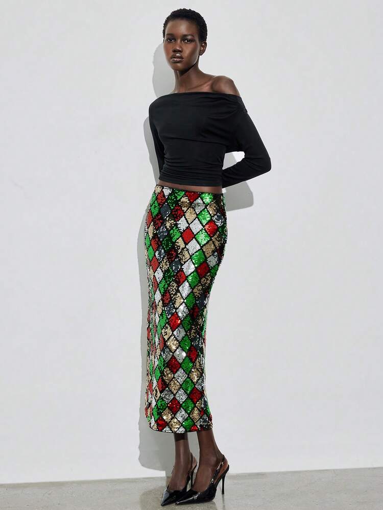 SHEIN Maija Women's Colorful Geometric Sequin Fabric Elastic Waist Side Invisible Zipper Slit Fitted Long Skirt, Suitable For Urban Commuting, Business Casual, Office, Teacher, Elegant Christmas & New Year Attire Sequin Skirt