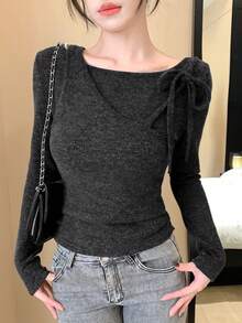 DAZY 女士纯色极简系带长袖T恤，日常穿着 - 黑色 - 查看 5