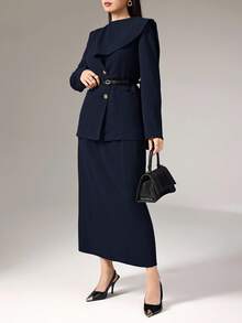 Heiryn Conjunto de dos piezas para mujer con blazer de diseño con botones delanteros de unicolor y falda con bajo dividido en color marrón para otoño/invierno - Azul Marino - Ver 5