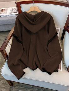 Franclia Plus Size Women Contrast Trim Hooded Half Zip Pullover Sweatshirt - Coffee Brown - View 2