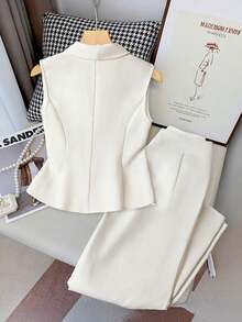 SHEIN Clasi Elegant White Suit Vest & Straight Leg Pants 2Pc Set For Women, Slimming Effect, Summer