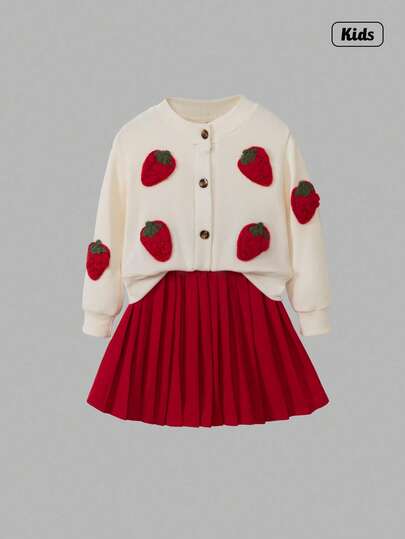 Sweetra Ung flicka söt jordgubbsbroderi stickad kofta med veckad kjol Set. Denna stickade tröja har en livlig jordgubbsbroderidesign, kombinerad med mjukt stickat tyg, som erbjuder både mode och komfort. Tillsammans med en klassisk röd plisserad kjol, visar den naturliga draperingskjolen en söt och elegant look. Det mjuka materialet säkerställer en bekväm bärupplevelse, lämplig för höst/vinter.