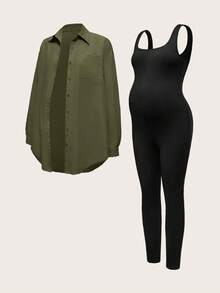 Modmama 两件套孕妇纯色无袖连体衣 - 軍綠色 - 查看 6