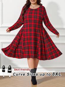 SHEIN CURVE+ Ampia gonna a ruota a collo tondo in taglie forti, con stampa a quadri rossi, adatta per uso casual e elegante, abito corto da donna per autunno e inverno