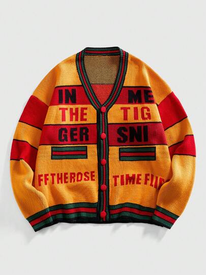 Men's Letter Jacquard Cardigan, Retro Streetwear