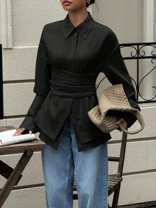 Siren Gaze Women's Solid Color Waist Cinching Long Sleeve Shirt, Autumn New Arrival,Black Top Winter Casual Spring - Black - View 3