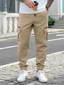 Manfinity Homme 男士成熟街头松紧腰抽绳工装裤 - 卡其色 - 查看 3